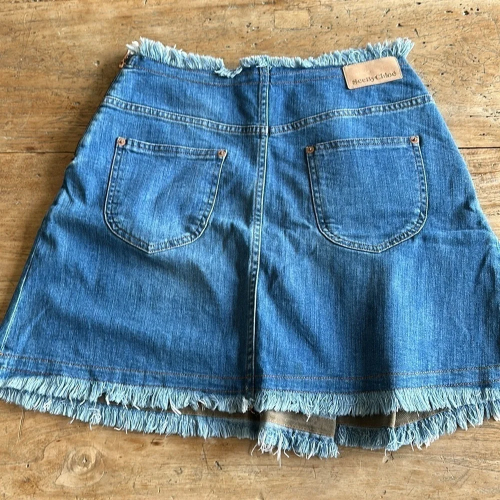 See By Chloe Indigo Denim Skirt Size 26 | Boho Western Chic Fringe Raw Hem
